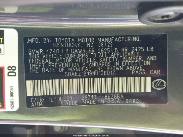 2022 LEXUS ES 350 58AEZ1B19NU138017 Photo 8