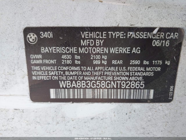 WBA8B3G58GNT92865 BMW 2016