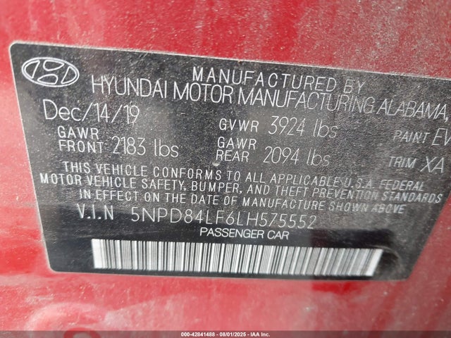 5NPD84LF6LH575552 Hyundai mpi nu