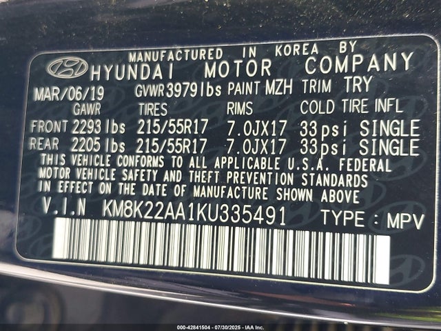 KM8K22AA1KU335491 Hyundai mpi nu