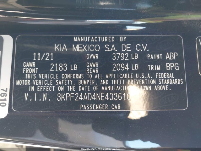 3KPF24AD4NE433610 KIA mpi nu