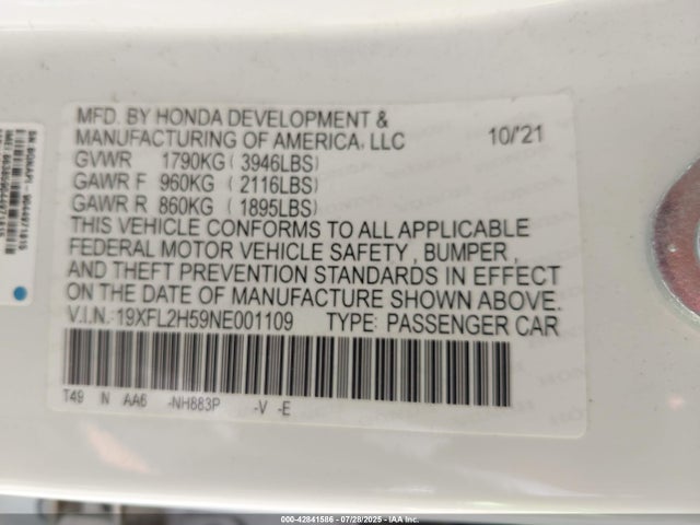 19XFL2H59NE001109 Honda k20c2