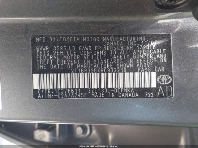 2008 TOYOTA COROLLA 2T1BR32EX8C933219 Photo 8