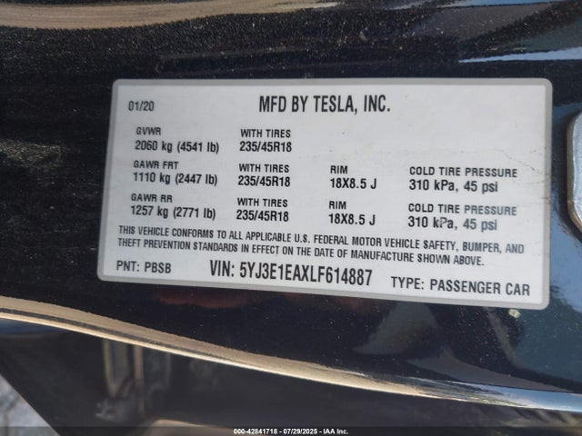 2020 TESLA MODEL 3 5YJ3E1EAXLF614887 Photo 8