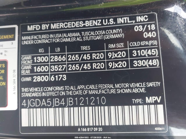 4JGDA5JB4JB121210 Mercedes-Benz m276