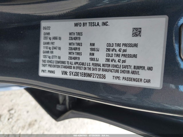 5YJ3E1EB9NF272036 Tesla MODEL 3