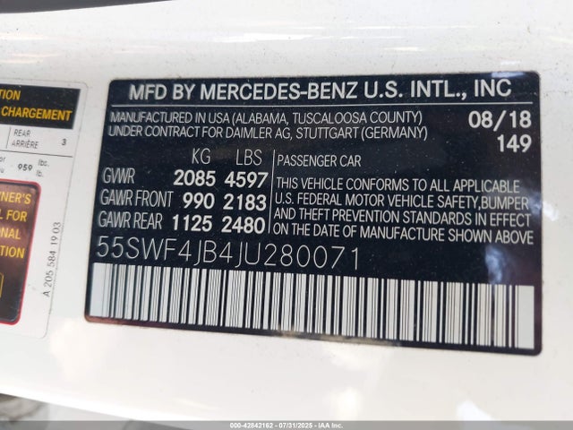 Продаж на аукціоні авто 2018 Mercedes-benz C 300, vin: 55SWF4JB4JU280071, номер лоту: 42842162