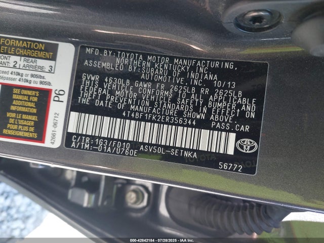 4T4BF1FK2ER356344 Toyota 2ar-fe