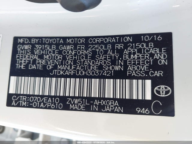 JTDKARFU0H3037421 Toyota 2zr-fxe,1nm