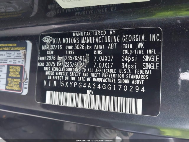 5XYPG4A34GG170294 KIA dohc gdi theta ii