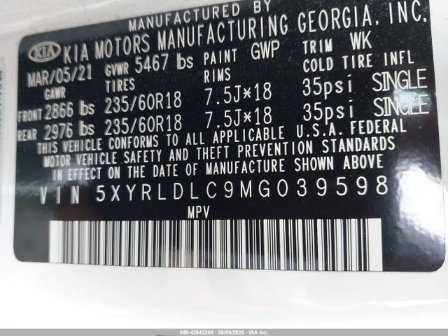 5XYRLDLC9MG039598 KIA gdi theta-iii