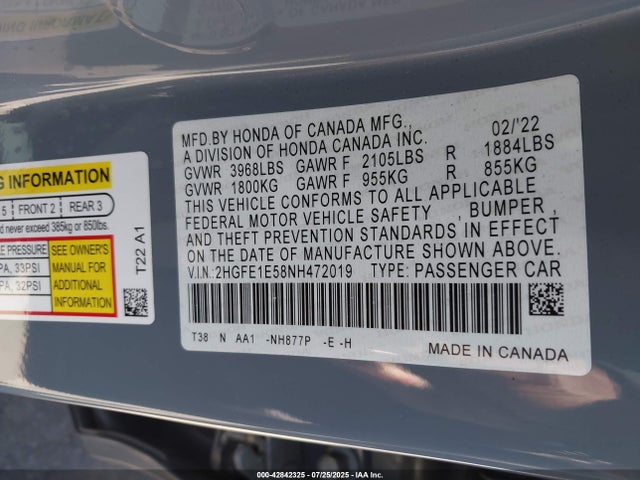 Honda l15ca 2022 2HGFE1E58NH472019 Image 9