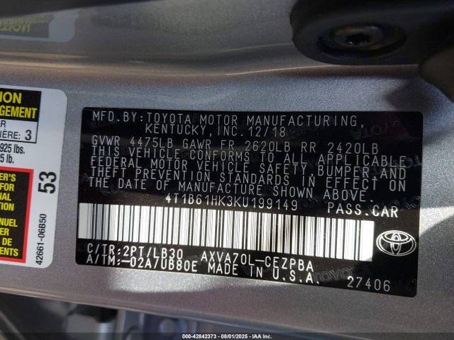 4T1B61HK3KU199149 Toyota a25a-fks