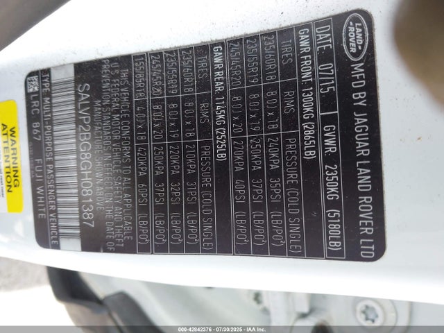 SALVP2BG8GH081387 Land Rover gtdi lev3 sulev30
