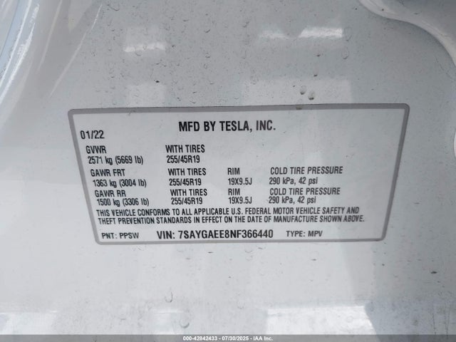 2022 TESLA MODEL Y 7SAYGAEE8NF366440 Photo 8