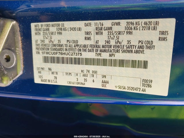 Ford 2.5l i-vct 2017 1FMCU0F76HUC27375 Image 9