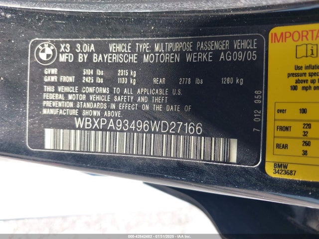 42842482 :رقم المزاد ، WBXPA93496WD27166 vin ، 2006 Bmw X3 3.0i مزاد بيع