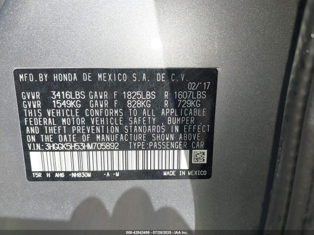 3HGGK5H53HM705892 Honda l15b1/l15b3