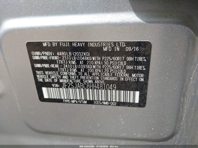 Subaru naturally aspirated u5 2017 JF2SJABC8HH481049 Image 9