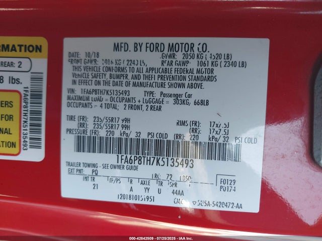 1FA6P8TH7K5135493 Ford 4v
