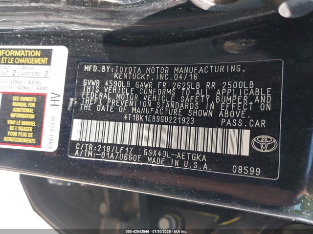 Toyota 2gr-fe 2016 4T1BK1EB9GU221923 Image 9