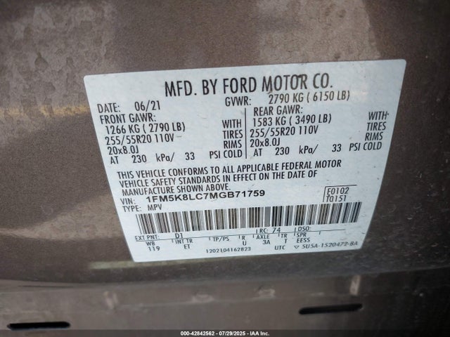 1FM5K8LC7MGB71759 Ford Explorer King Ranch