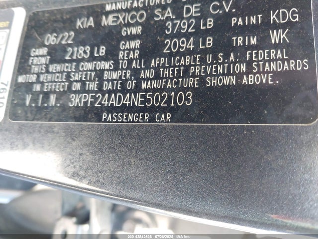 3KPF24AD4NE502103 KIA mpi nu