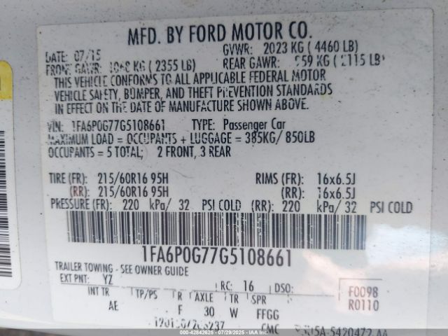 2016 FORD FUSION 1FA6P0G77G5108661 Photo 8
