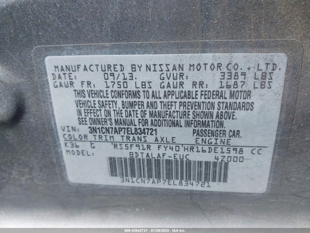 3N1CN7AP7EL834721 Nissan 2014