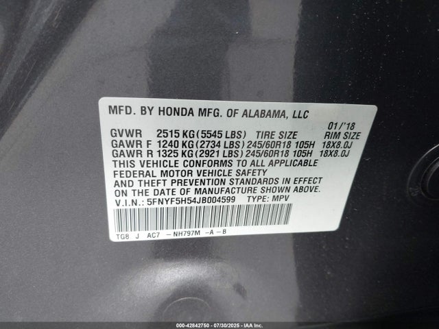 Honda j35y6 2018 5FNYF5H54JB004599 Image 9
