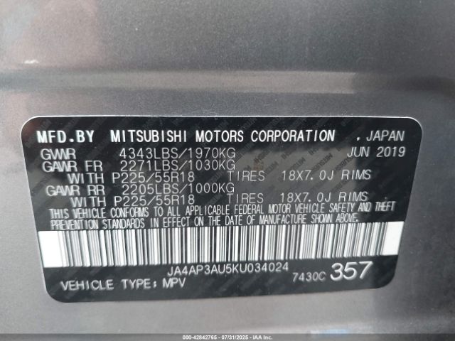 2019 MITSUBISHI OUTLANDER SPORT JA4AP3AU5KU034024 Photo 8