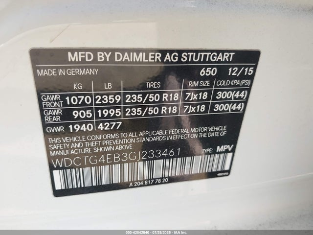 WDCTG4EB3GJ233461 Mercedes-Benz m270