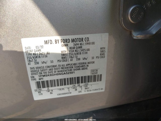 Ford ecoboost 2022 1FMSK8DH0NGA52501 Image 9