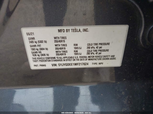2021 TESLA MODEL Y 5YJYGDEE1MF217624 Photo 8