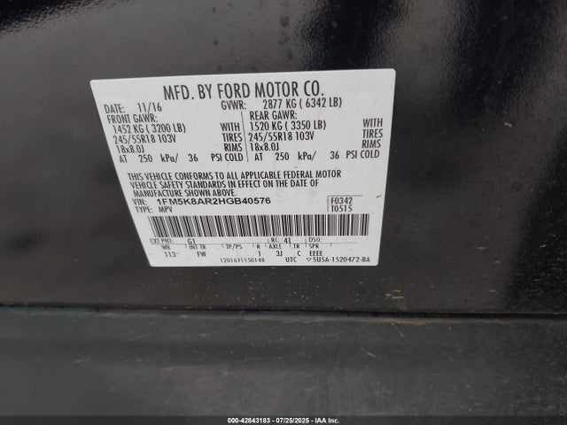 1FM5K8AR2HGB40576 Ford 3.7l ti-vct