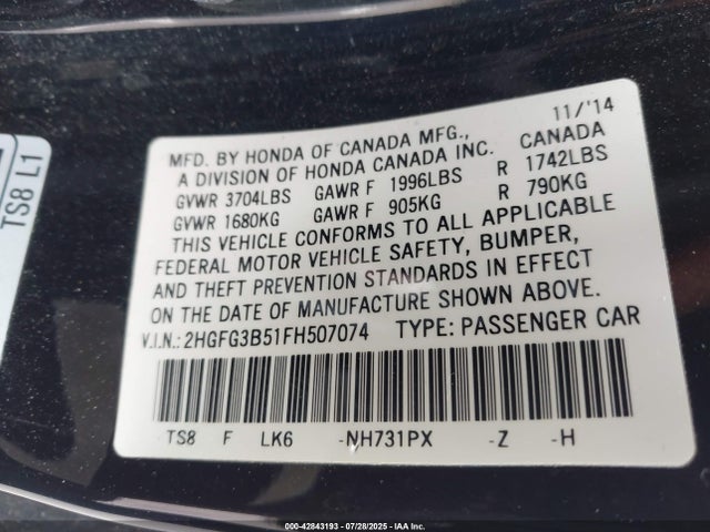 2HGFG3B51FH507074 Honda r18z1