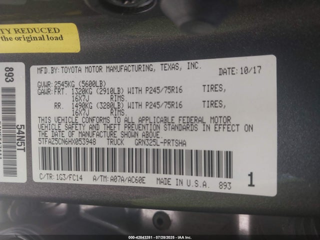 5TFAZ5CN6HX053948 Toyota 2gr-fks