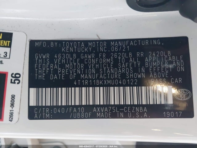 4T1R11BKXMU040122 Toyota a25a-fks
