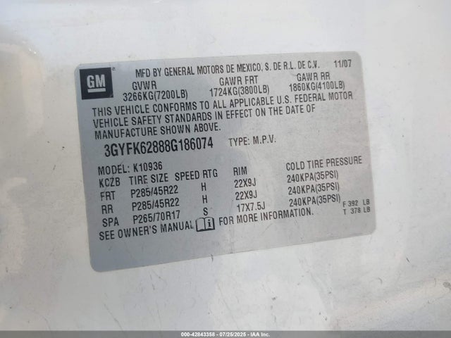 2007 CADILLAC ESCALADE ESV 1GYFK66837R350274 Photo 8