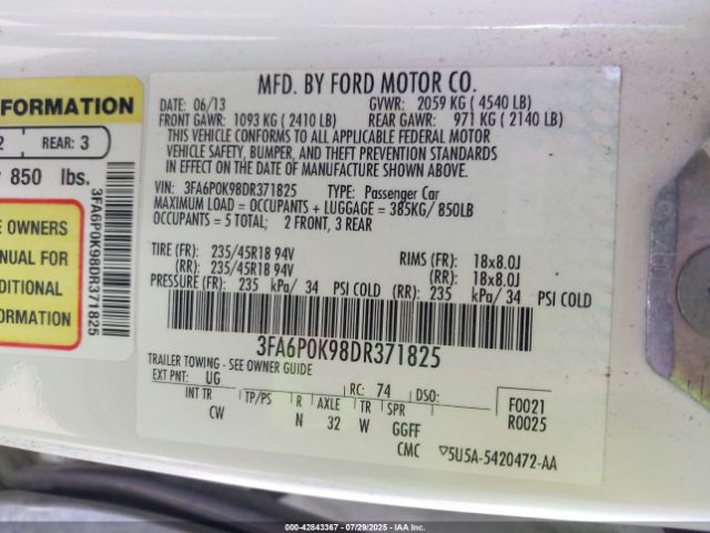 2013 FORD FUSION 3FA6P0K98DR371825 Photo 8