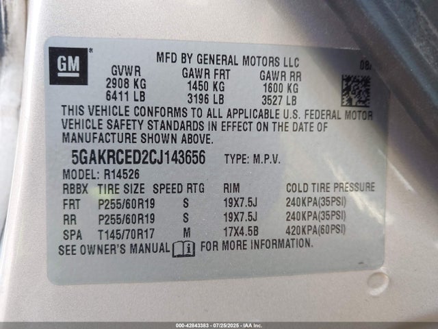 42843383 :رقم المزاد ، 5GAKRCED2CJ143656 vin ، 2012 Buick Enclave Leather مزاد بيع