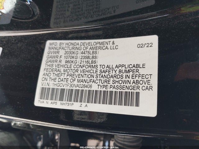 1HGCV1F30NA028406 Honda l15be