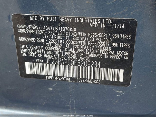 JF2GPAPC0F8209234 Subaru 2.0l naturally aapirated