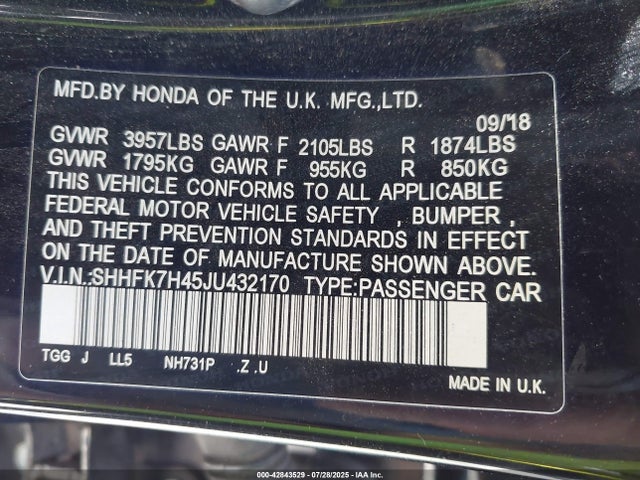 SHHFK7H45JU432170 Honda l15ba