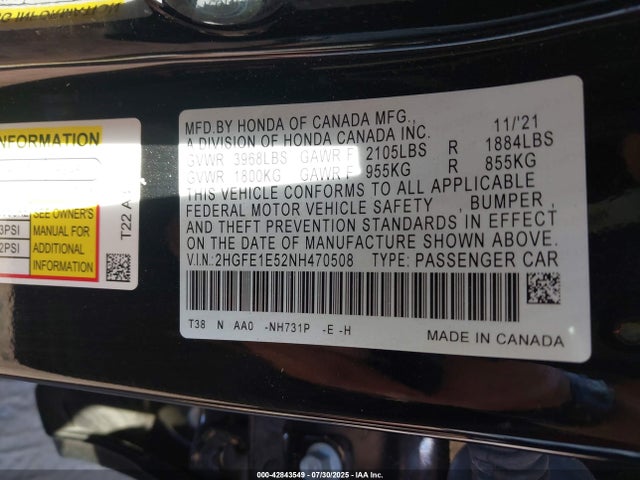 Honda l15ca 2022 2HGFE1E52NH470508 Image 9