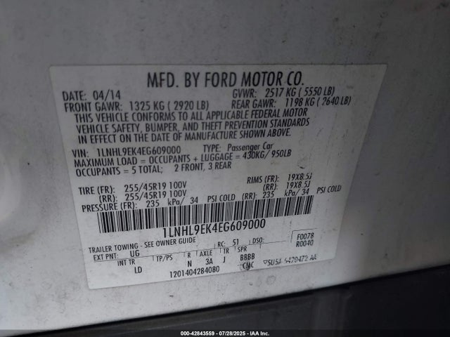 1LNHL9EK4EG609000 Lincoln 2014