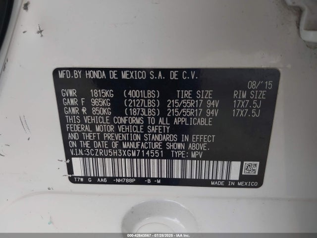 3CZRU5H3XGM714551 Honda r18z9