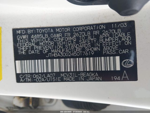 2004 LEXUS ES 330 JTHBA30G245017619 Photo 8