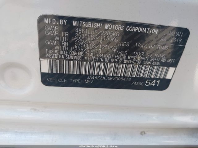 2019 MITSUBISHI OUTLANDER JA4AZ3A30KZ008418 Photo 8