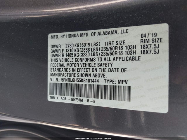 5FNRL6H55KB101444 Honda j35y7